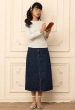 High-Rise Front Slit Denim Midi Skirt