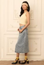High-Rise Front Slit Denim Midi Skirt - Image 5
