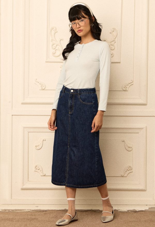 High-Rise Front Slit Denim Midi Skirt - Image 3