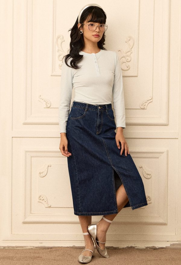 High-Rise Front Slit Denim Midi Skirt - Image 2